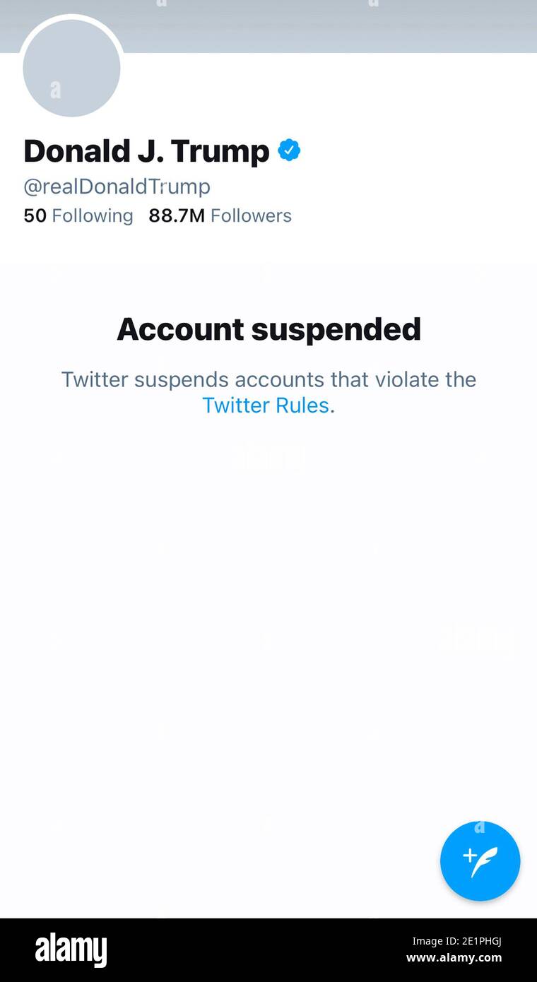 On the 8th January 2021 Twitter suspended  US President Donald Trump's account stating - After close review of recent Tweets from the @realDonaldTrump account and the context around them — specifically how they are being received and interpreted on and off Twitter — we have permanently suspended the account due to the risk of further incitement of violence Stock Photo
