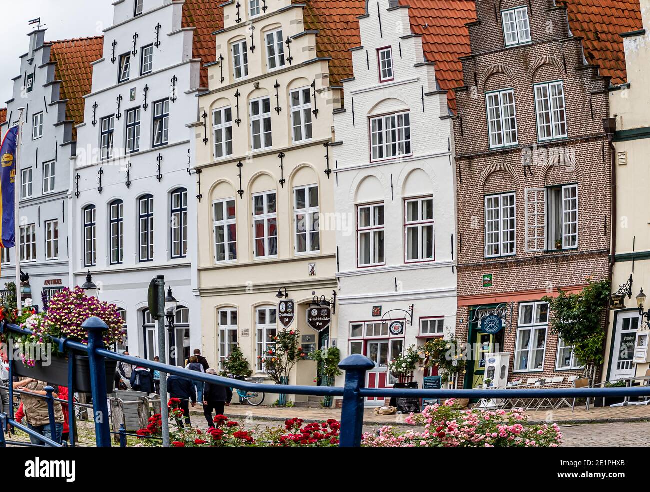 FRIEDRICHSTADT, GERMANY-JULY 13, 2019: Marketplace with a row of historic gabled houses on the market square in Friedrichstadt,Germany Stock Photo