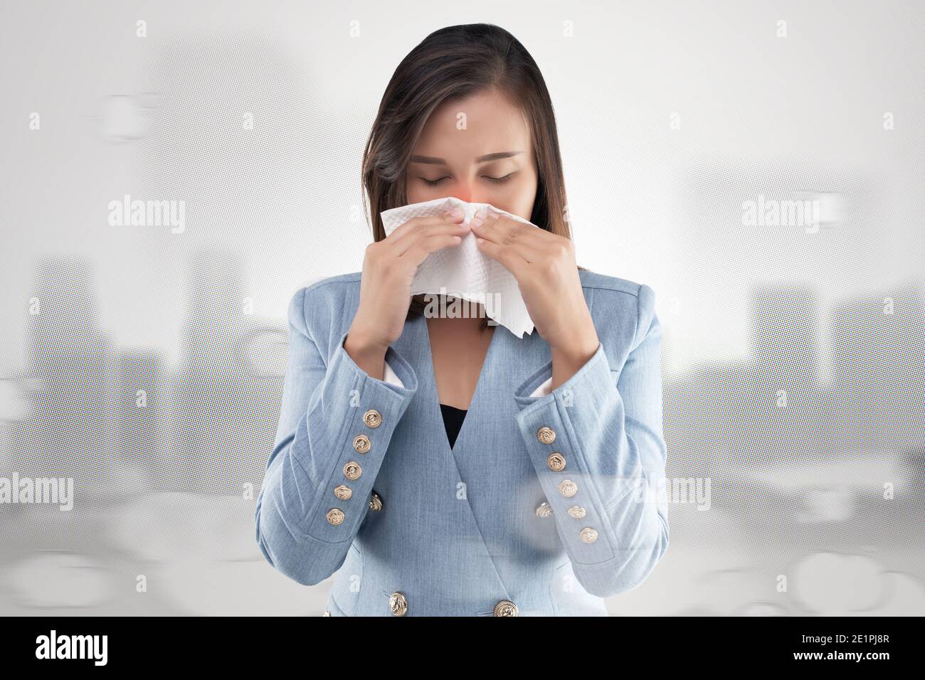 Businesswoman nose burning sensation because of the toxic smoke and particulate matter in the air. Woman with allergy, holding a tissue on his nose. P Stock Photo - Alamy Businesswoman nose burning sensation because of the toxic smoke and particulate matter in the air. Woman with allergy, holding a tissue on his nose. P Stock Photo - Alamy