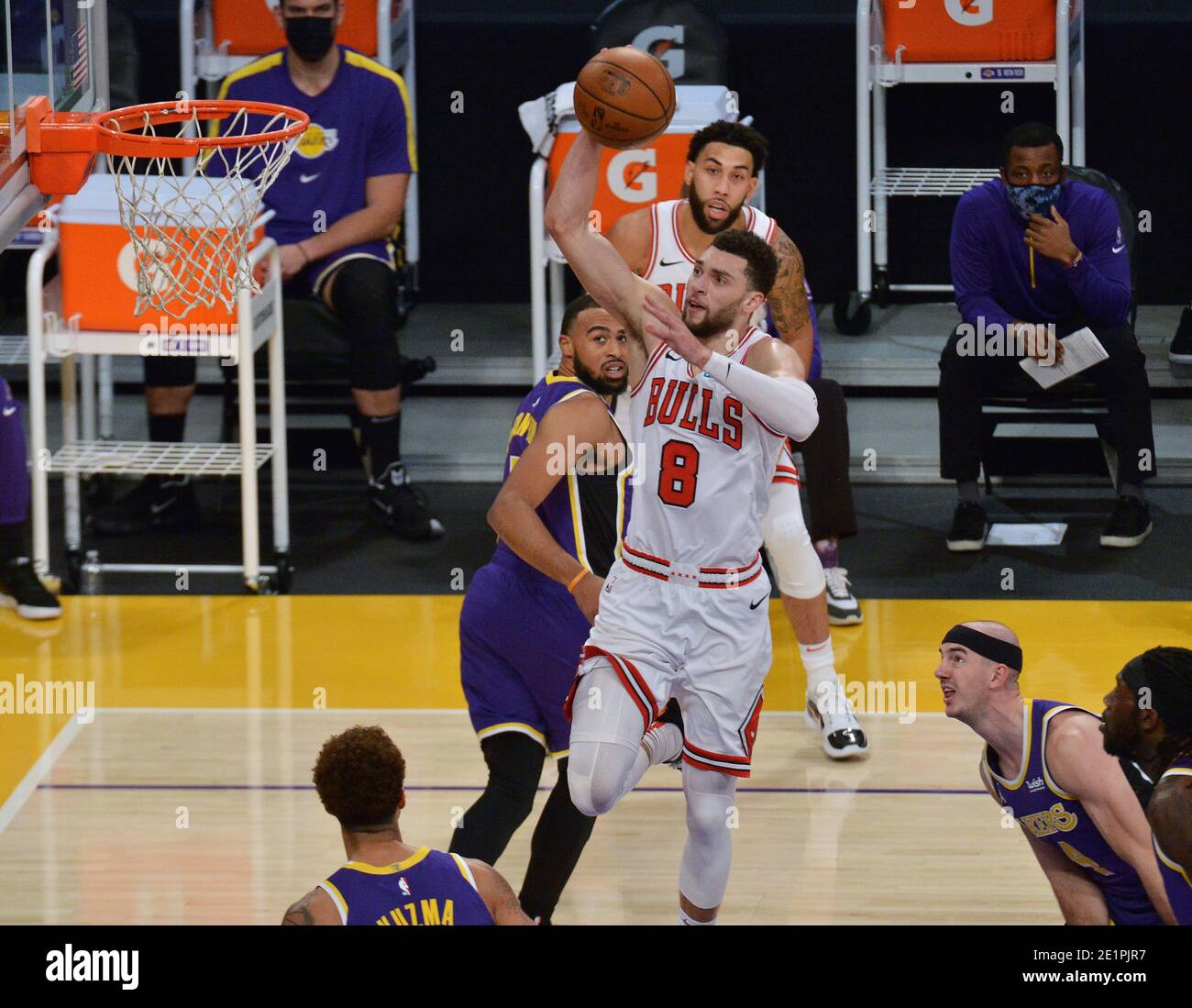 Los Angeles, United States. 08th Jan, 2021. Chicago Bulls' Zach Lavine splits the Los Angeles Lakers' defenders in the paint to score during the first quarter at Staples Center in Los Angeles on Friday, January 8, 2021. The Lakers defeated the Bulls 117-115. Photo by Jim Ruymen/UPI Credit: UPI/Alamy Live News Stock Photo