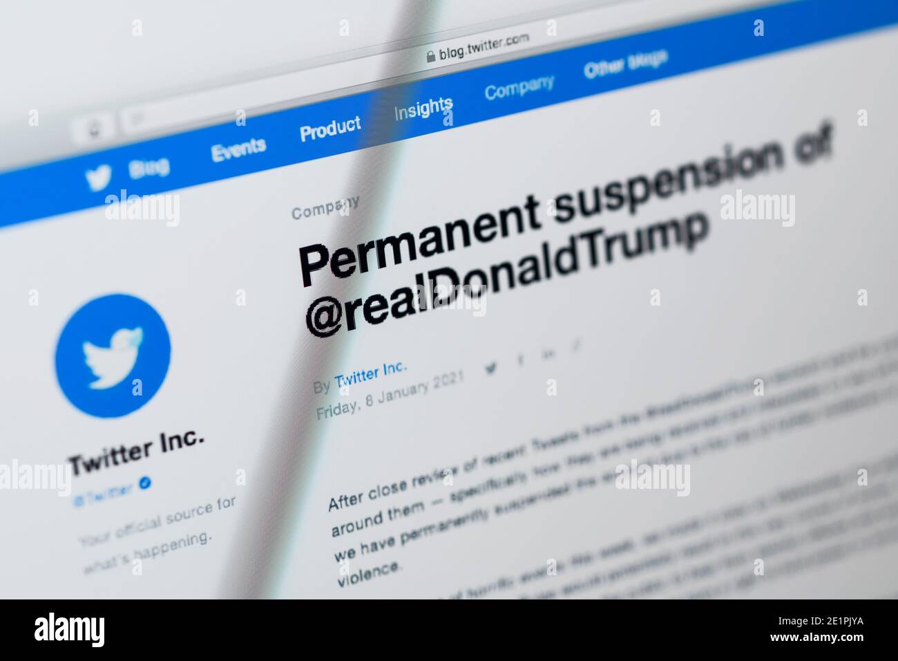 The blog post by Twitter announcing the permanent suspension of the