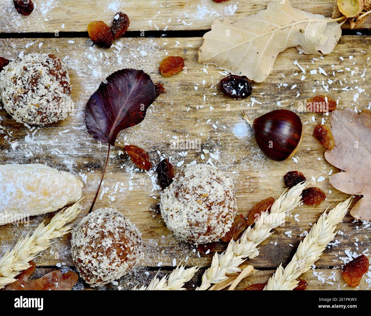 Homemade Baked rolls with coconut, raisins,, oak leaf, chestnut and ...