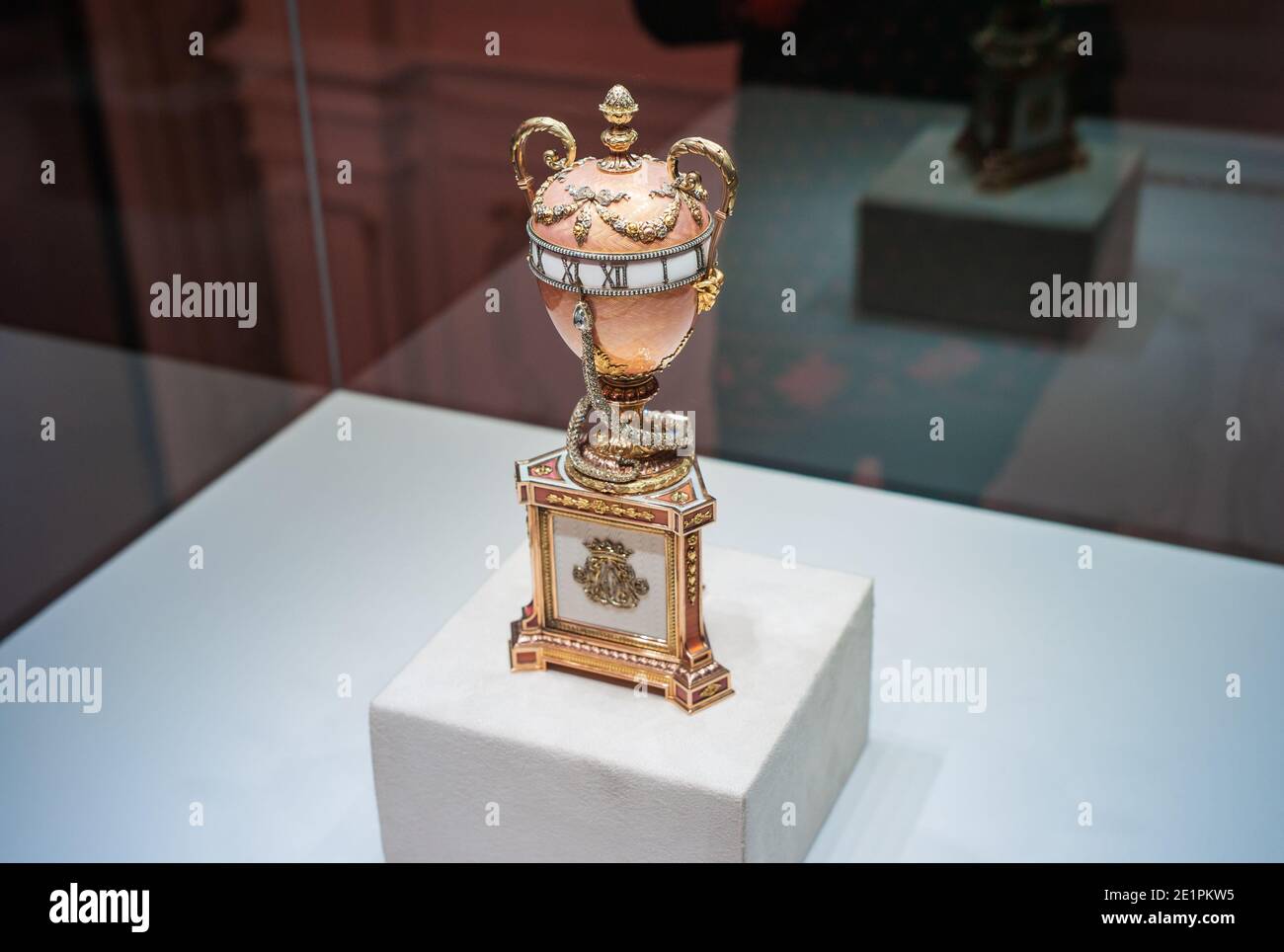 Saint Petersburg, Russia - ca. December 2017: Faberge Easter Egg with a Serpent called Duchess of Marlborough Egg at the Faberge Museum in the Shuvalo Stock Photo
