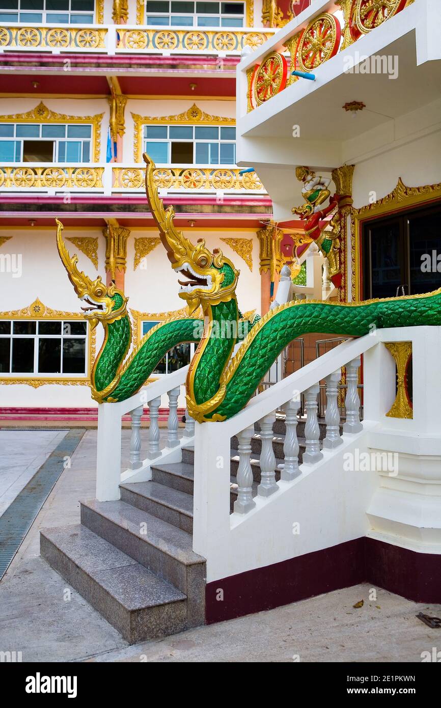 Beautiful sculptures of snakes in the temple Wat Suwan Khiri Ket. The culture of Thailand. Stock Photo