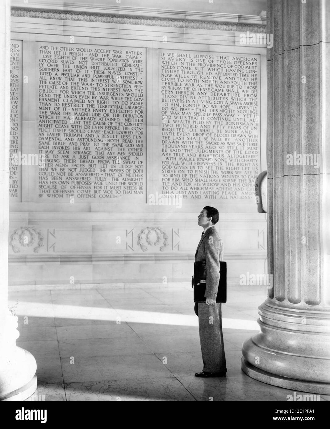 JAMES STEWART as Jefferson Smith at the Lincoln Memorial in Washington in MR. SMITH GOES TO WASHINGTON 1939 director FRANK CAPRA story Lewis R. Foster screenplay Sidney Buchman Columbia Pictures Stock Photo