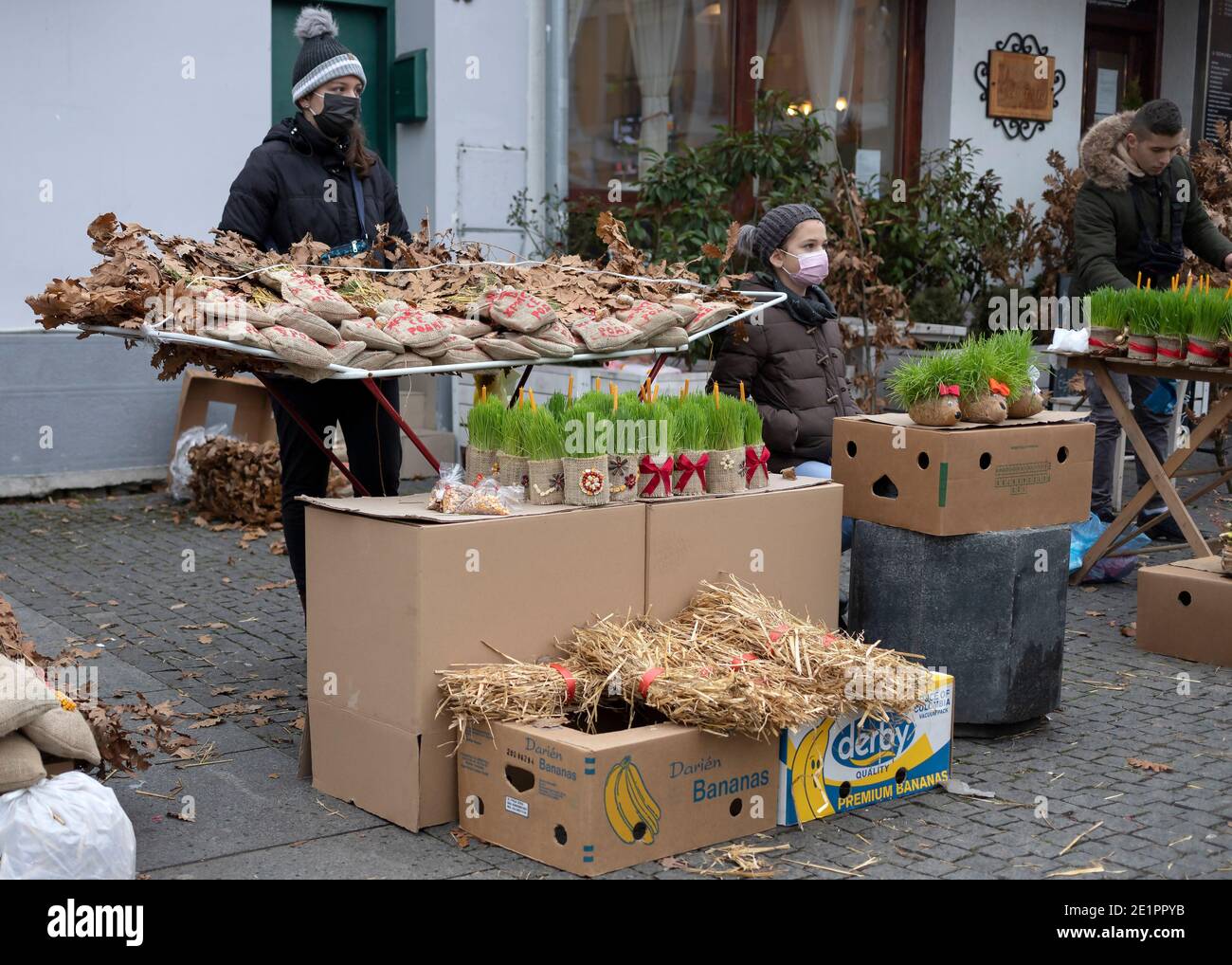 Belgrade, Serbia, Jan 6, 2021: Street stall with traditional Eastern Orthodox Christmas (7th Jan) ornaments Stock Photo