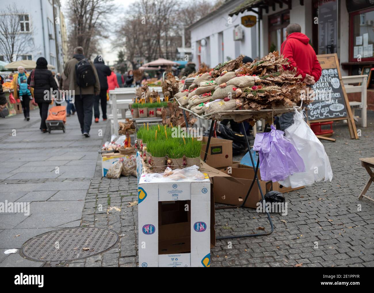 Belgrade, Serbia, Jan 6, 2021: Street stall with traditional Eastern Orthodox Christmas (7th Jan) ornaments Stock Photo