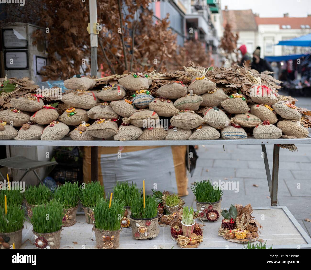 Belgrade, Serbia, Jan 6, 2021: Street stall with traditional Eastern Orthodox Christmas (7th Jan) ornaments Stock Photo