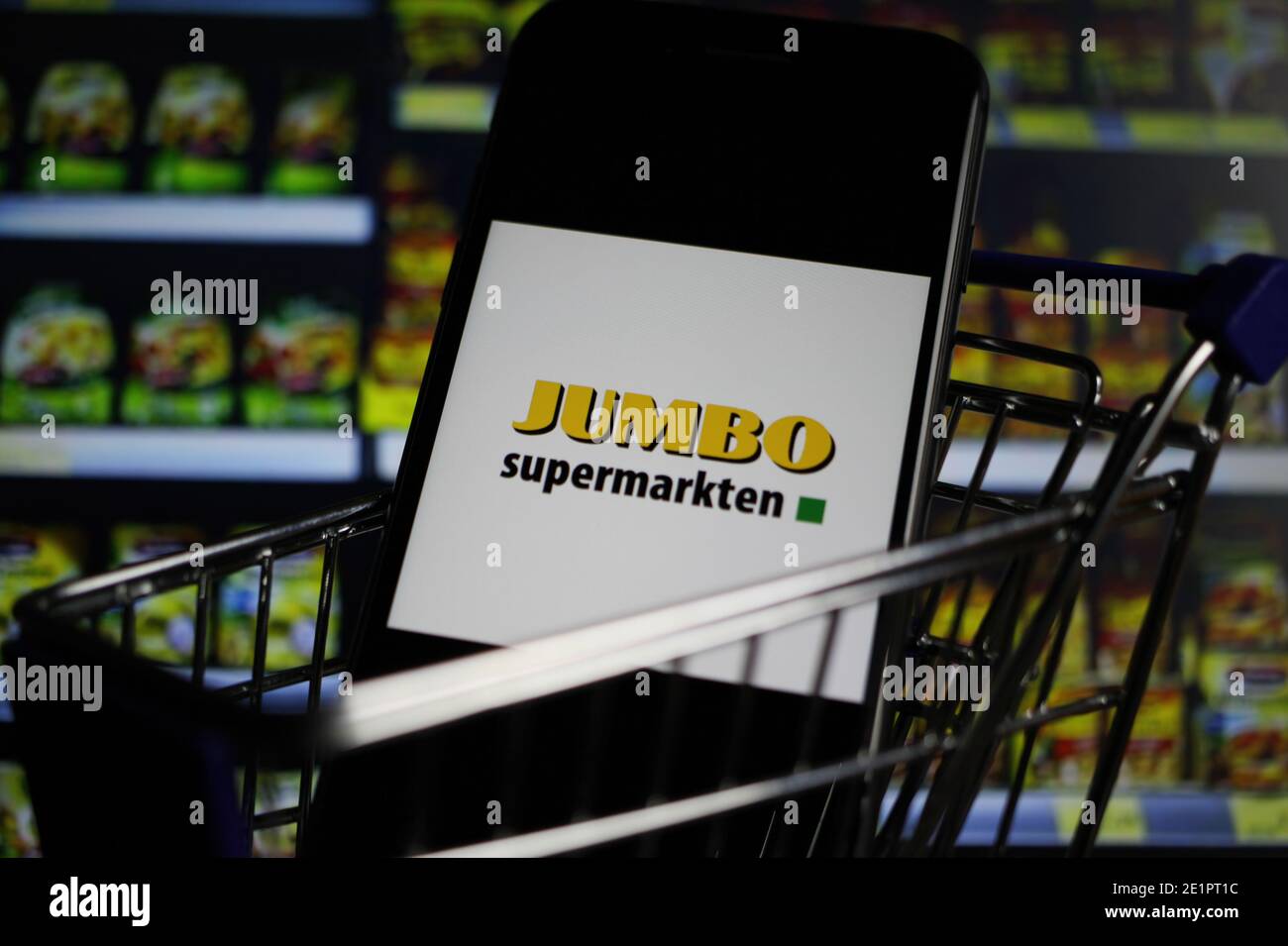 Viersen, Germany - May 9. 2020: Close up of mobile phone screen in shopping  cart modell with logo lettering of dutch Jumbo supermarkten chain Stock  Photo - Alamy