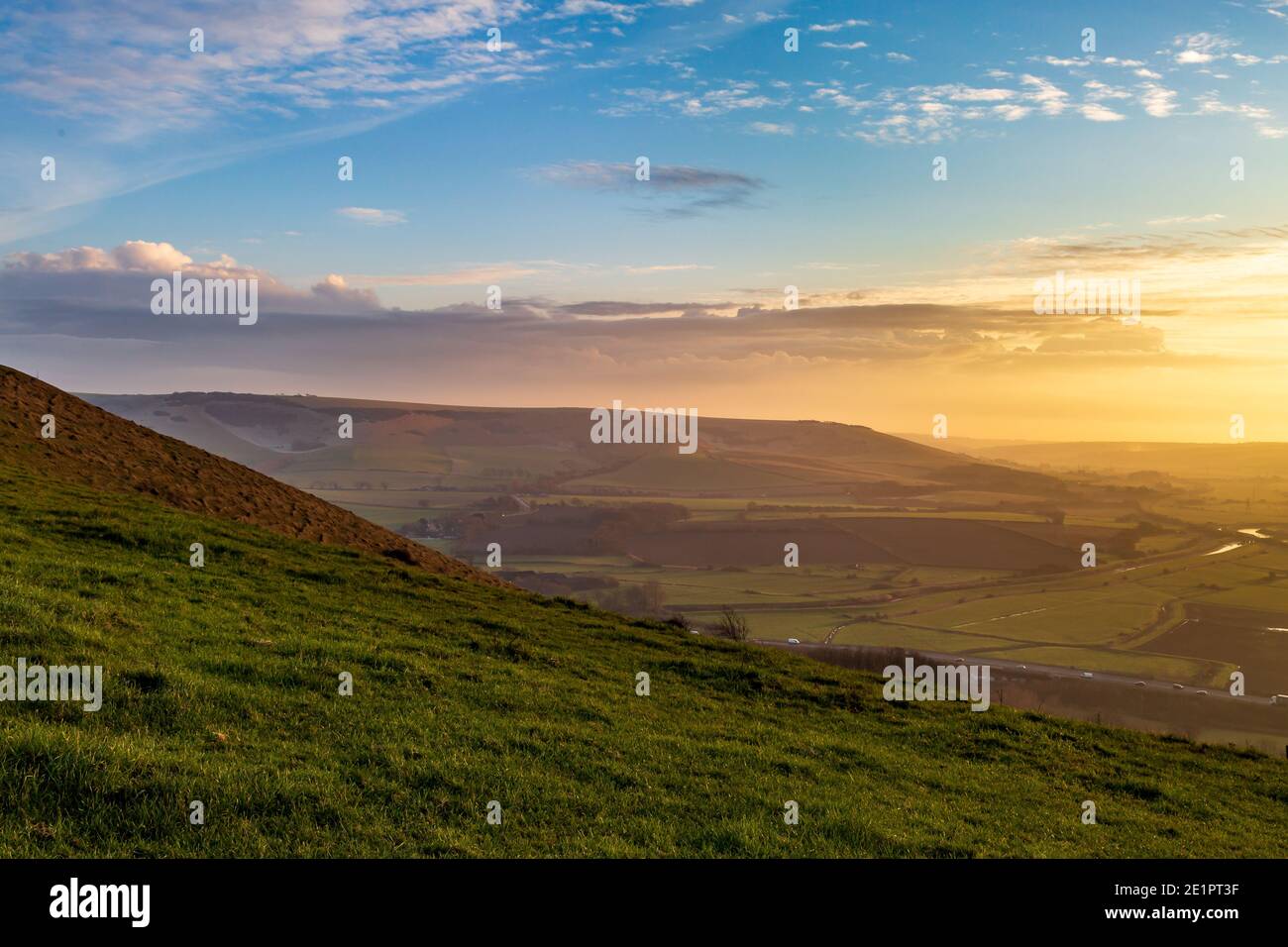 Looking towards Firle Beacon from Mount Caburn on a winters afternoon Stock Photo