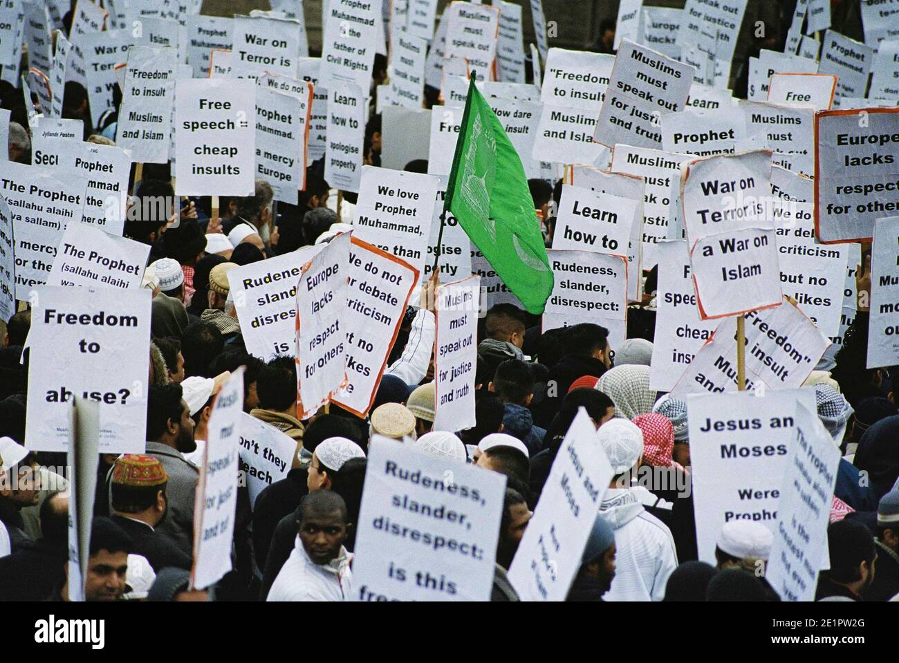 The Islamaphobia rally organised by moderate Muslim groups, Muslim demonstrators, at march in trafalgar square protesting about offensive danish cartoon. The Jyllands-Posten Muhammad cartoons controversy began after the Danish newspaper Jyllands-Posten published 12 editorial cartoons Stock Photo