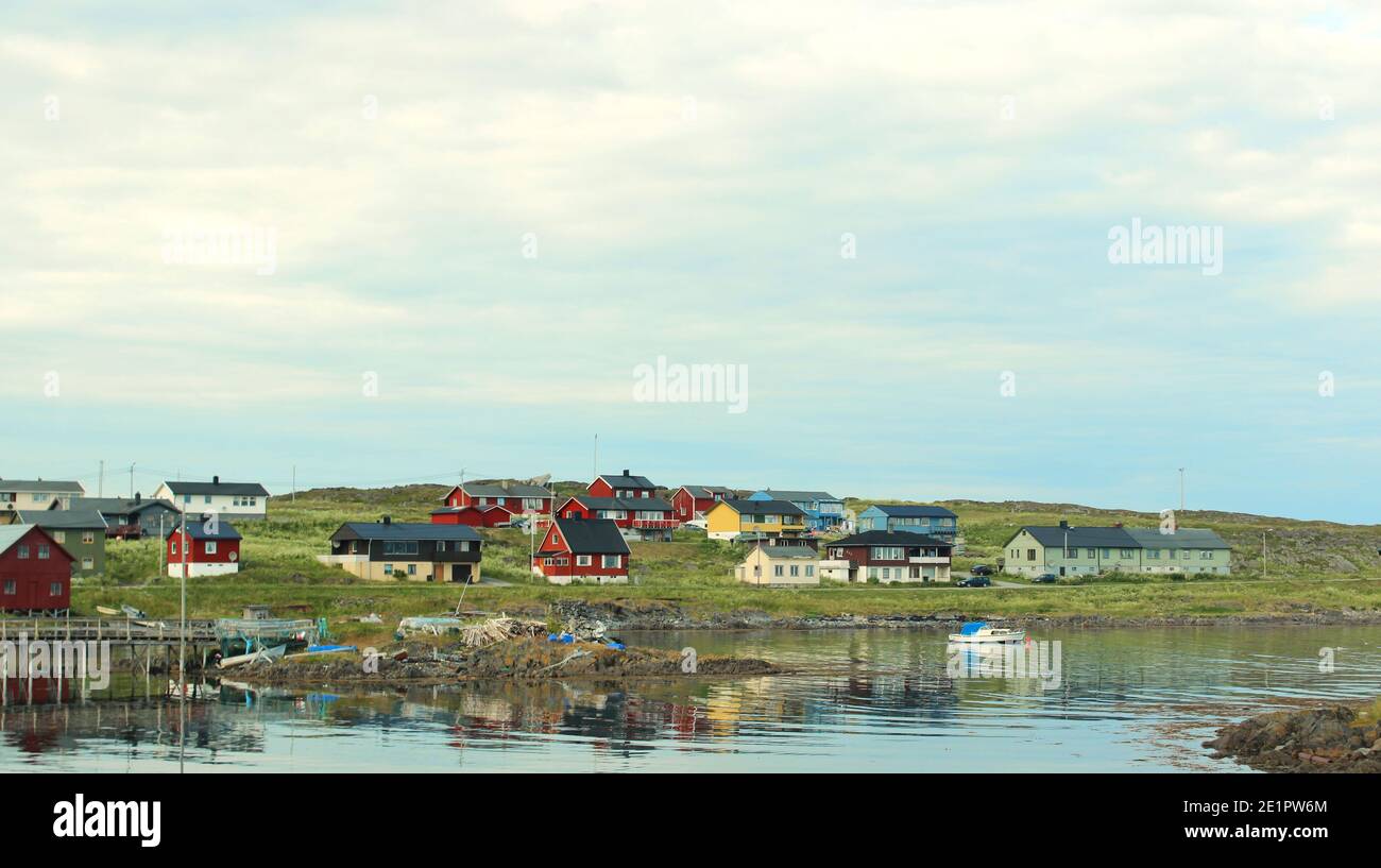 Houses by the water in a Norwegian Village in Summer Stock Photo
