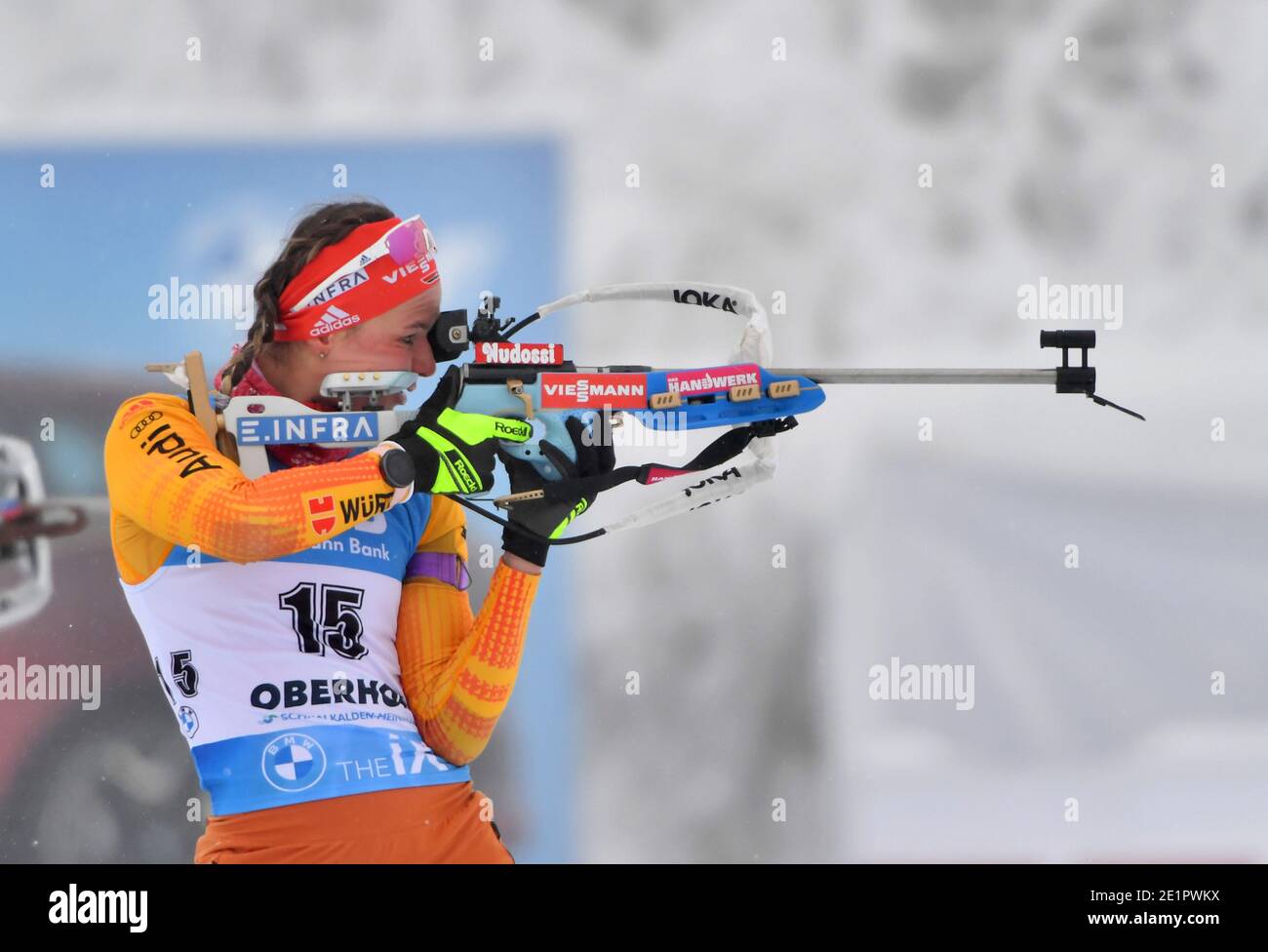 09 January 2021, Thuringia, Oberhof: Biathlon: World Cup: 10 km pursuit women: Denise Herrmann of Germany shooting up. Photo: Martin Schutt/dpa Stock Photo