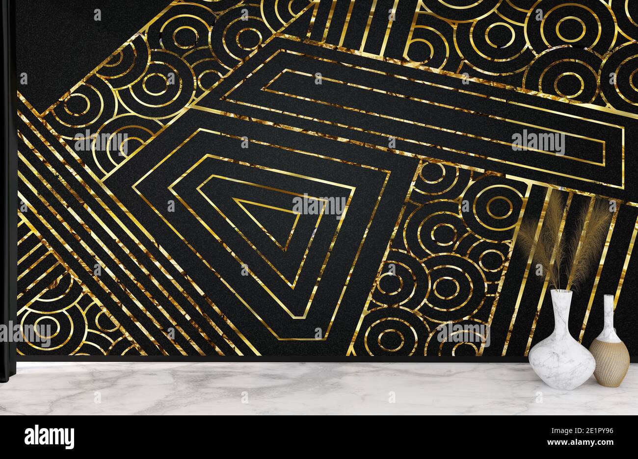 Download Living Room Dark Gold Interior Wall Mock Up With Marble Floor And Vases Satin Drapes Mostly Empty Space With Unique Shapes And Light 3d Render 3d Stock Photo Alamy