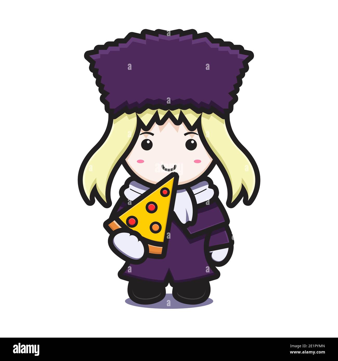 Cute girl with winter costume mascot character eat pizza vector cartoon icon illustration. Design isolated on white. Flat cartoon style. Stock Photo