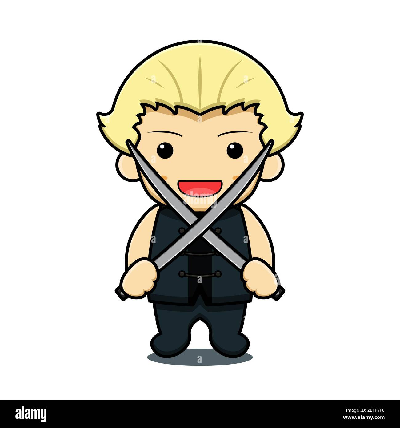 Cute boy martial art mascot character holding two sword vector cartoon ...