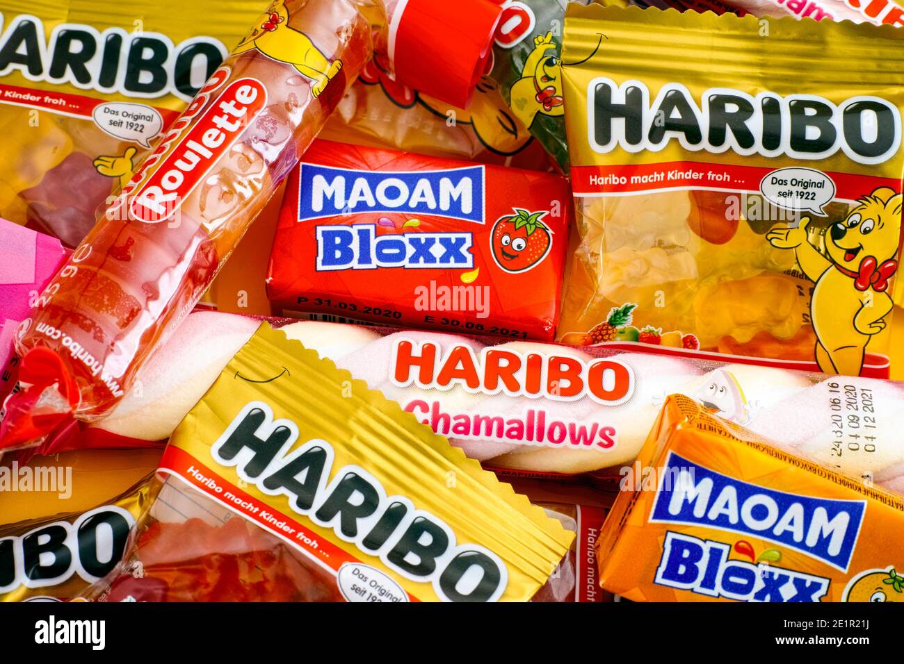 Tambov, Russian Federation - January 06, 2021 Haribo candies background. Full frame. Stock Photo