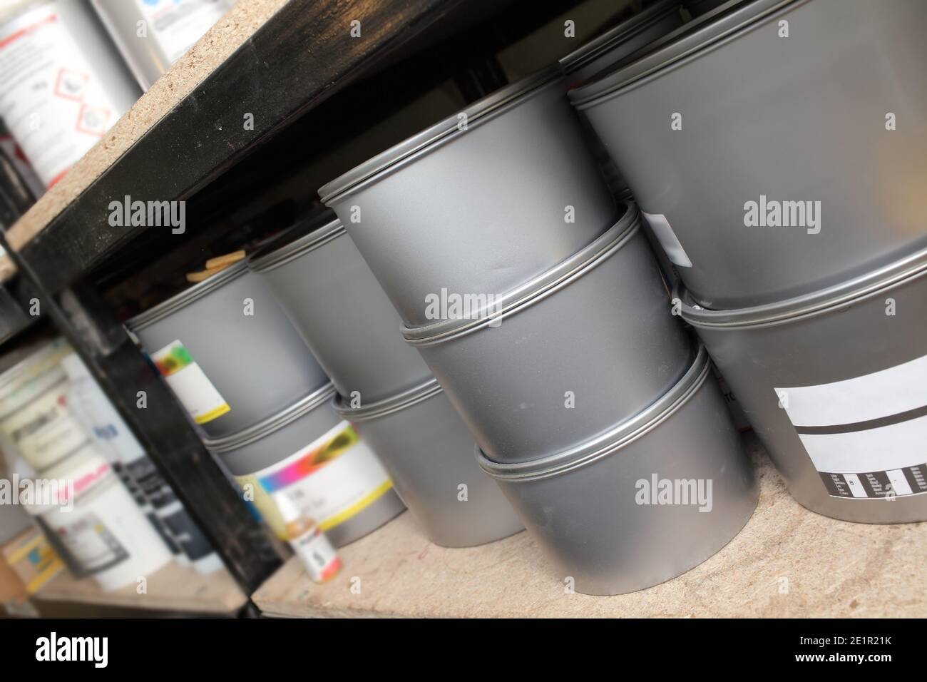 Stockroom with paint cans on the shelves Stock Photo Alamy