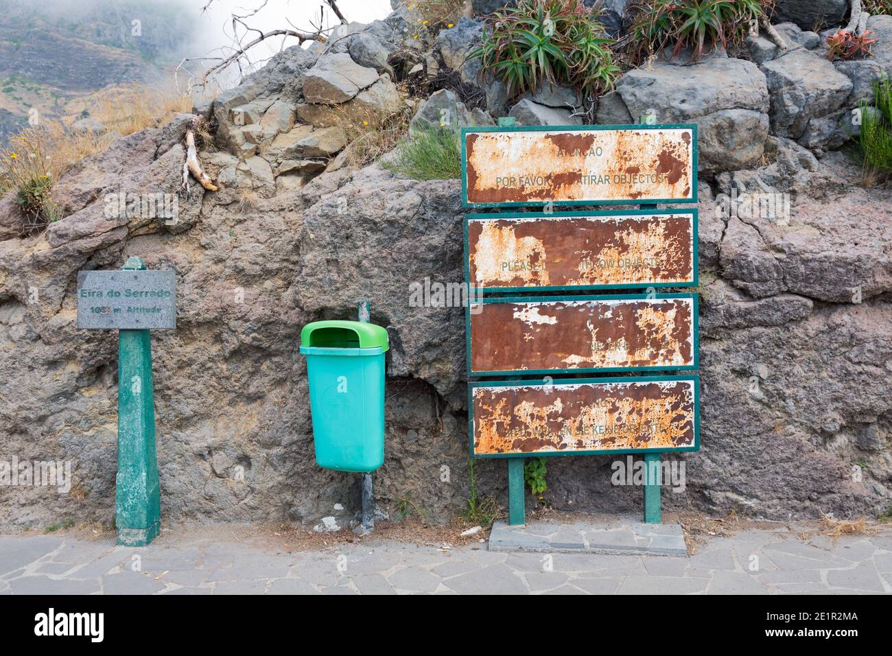 Rusty information panels at viewpoint Eira do Serrado, Madeira Island Stock Photo