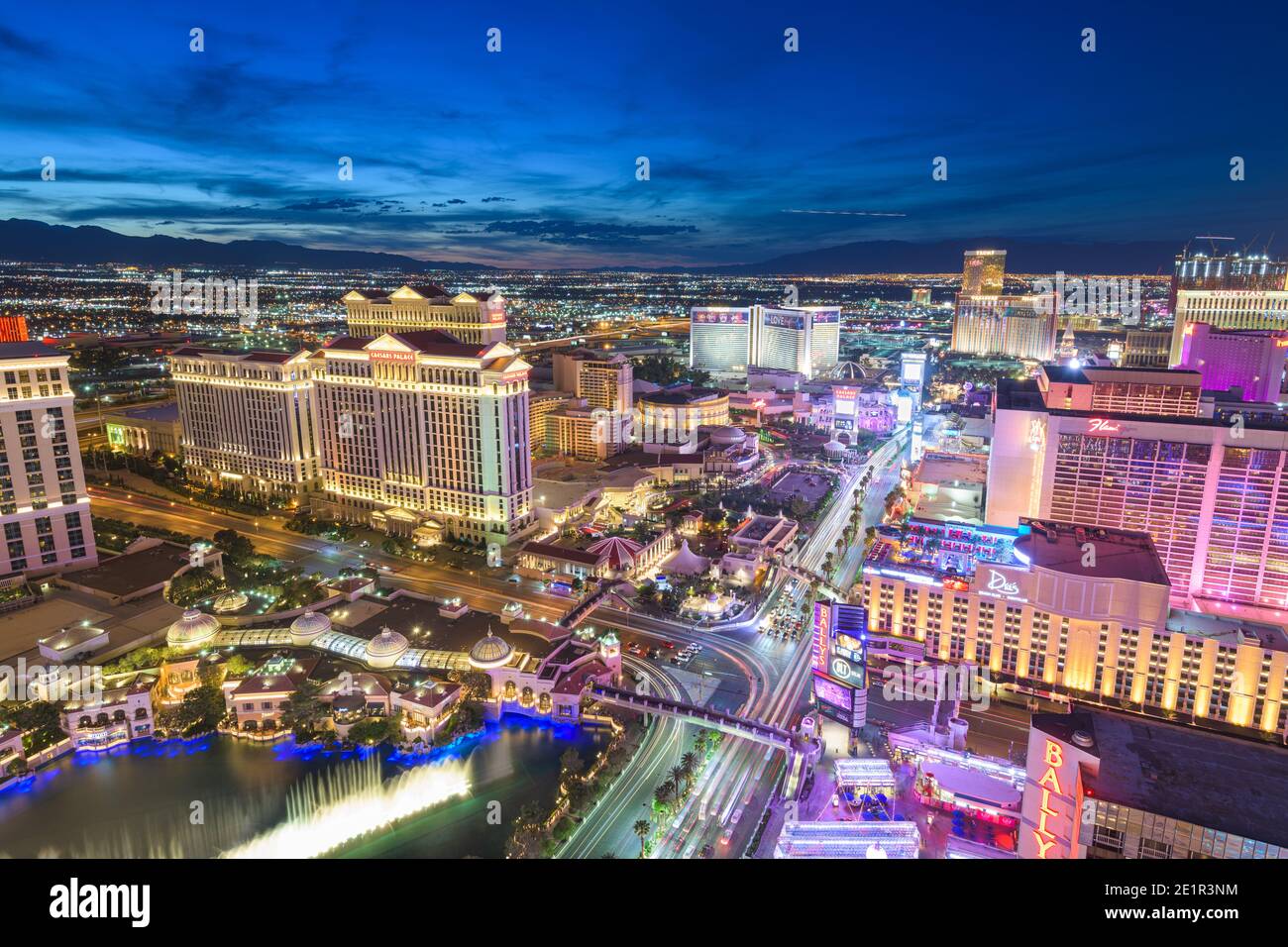 LAS VEGAS, NEVADA - MAY 13, 2019: Hotels and Casinos along the strip at dusk. Stock Photo