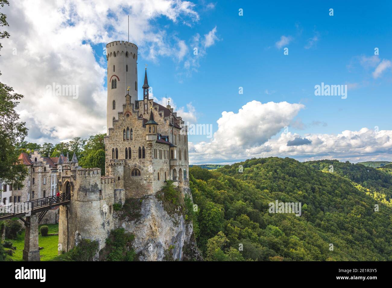 Lichtenstein Castle, Baden-Wuerttemberg, Germany: A summer day with a blue sky and a few clouds. Stock Photo