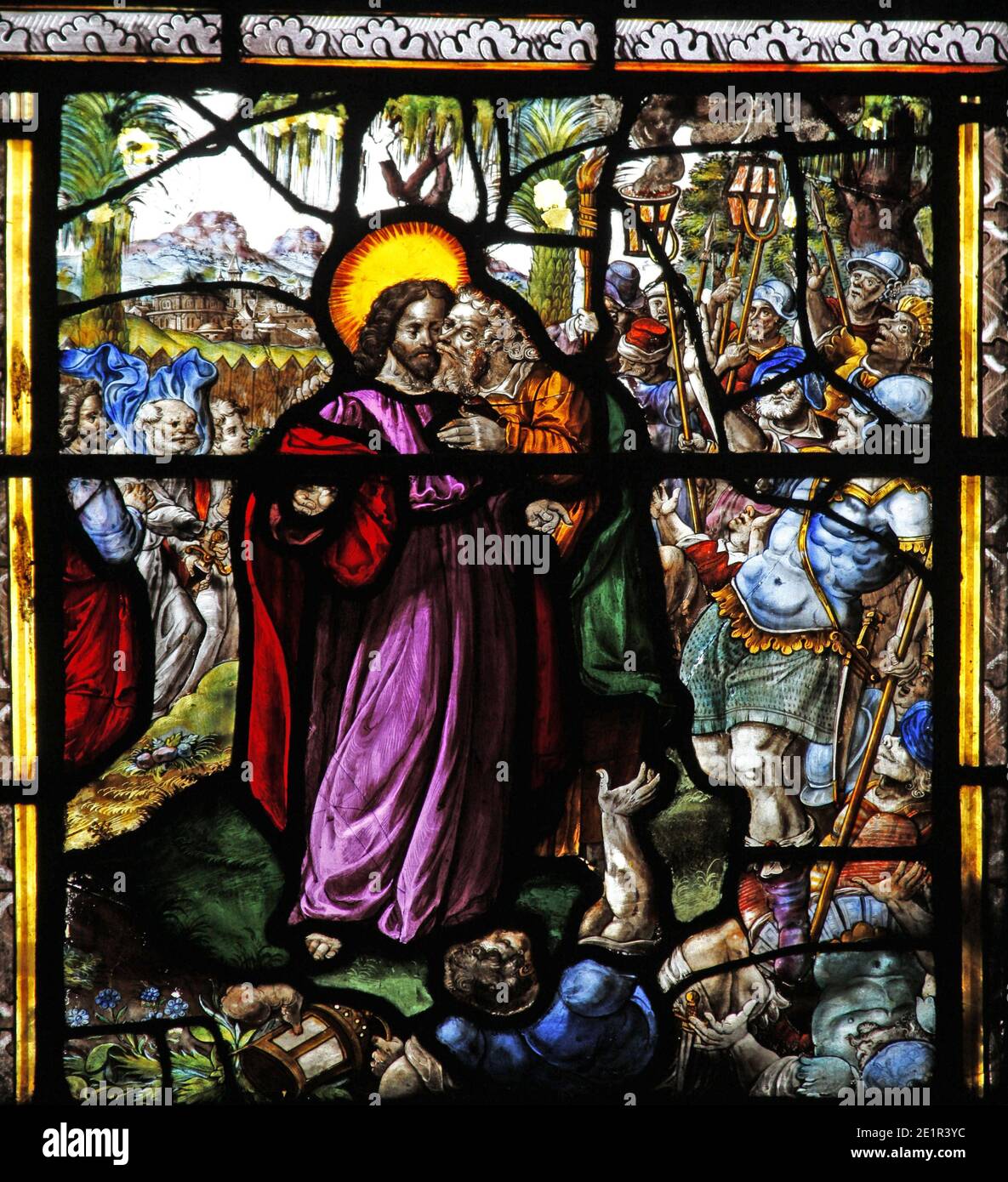 16th century Dutch stained glass depicting the betrayal of Christ, St Mary's Church, Shrewsbury, Shropshire Stock Photo