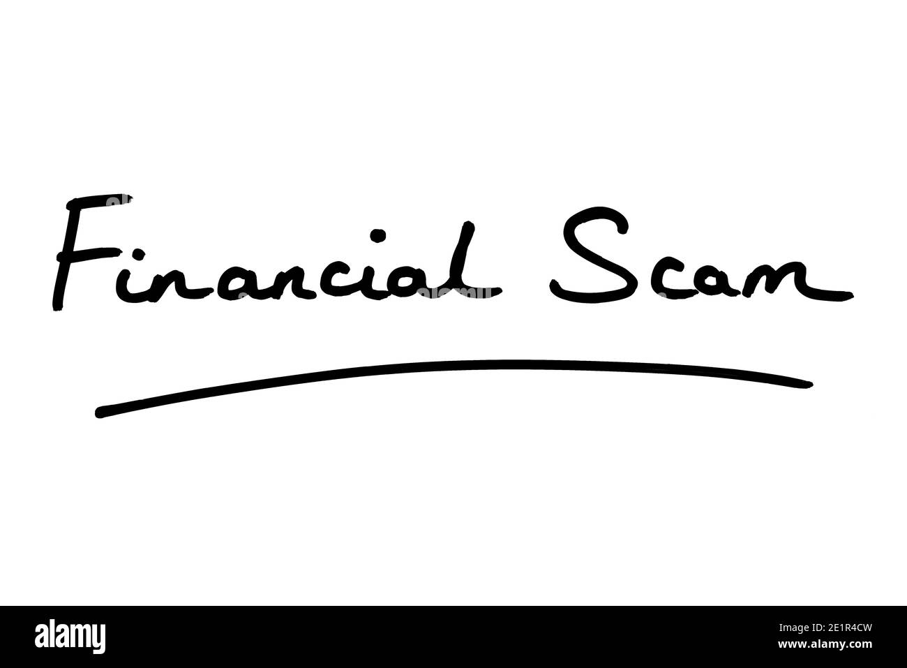 Financial Scam handwritten on a white background. Stock Photo
