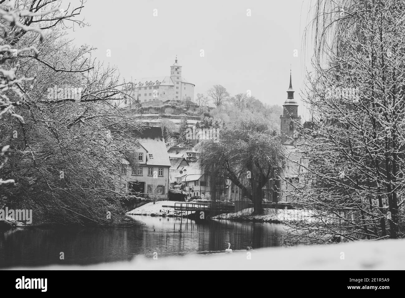 Schloss Kaltenstein in mid-winter, dressed in snow edited in black and white Stock Photo