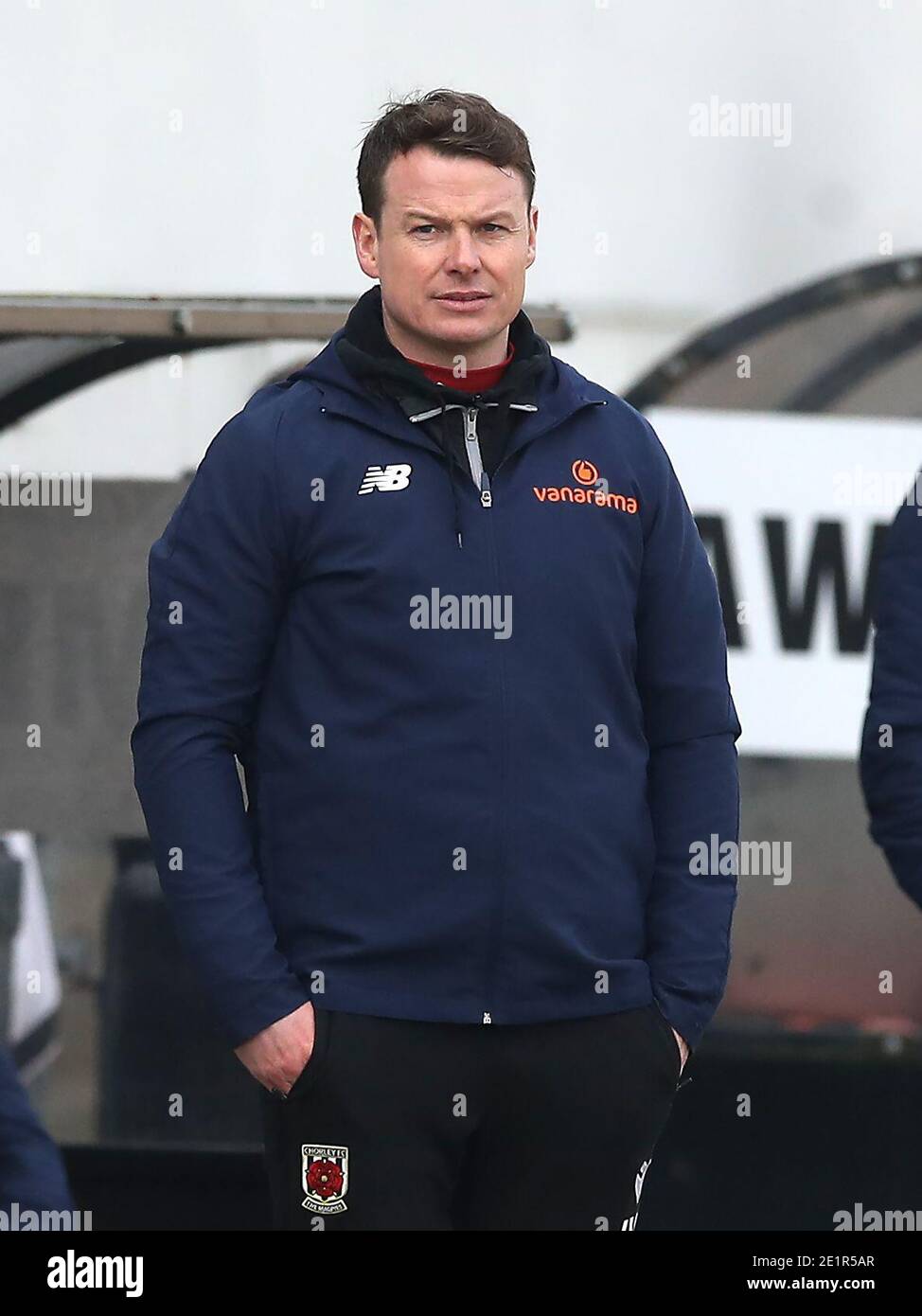 Chorley manager Jamie Vermiglio on the touchline during the Emirates FA Cup third round match at Victory Park, Chorley. Stock Photo
