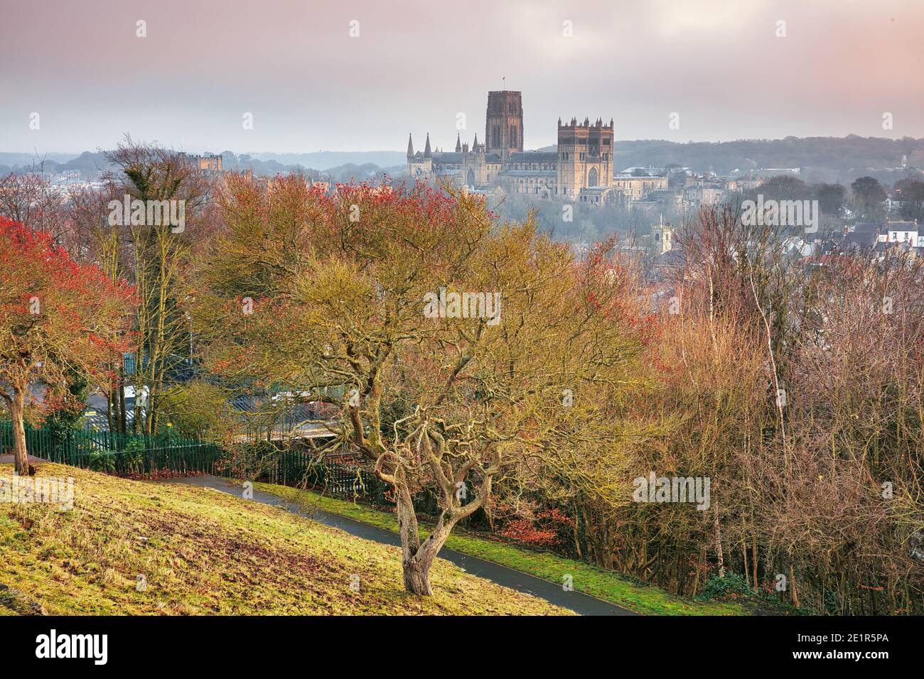 Scenic view of Durham Cathedral on a Winter Evening taken from Wharton Park. County Durham, England, UK. Stock Photo