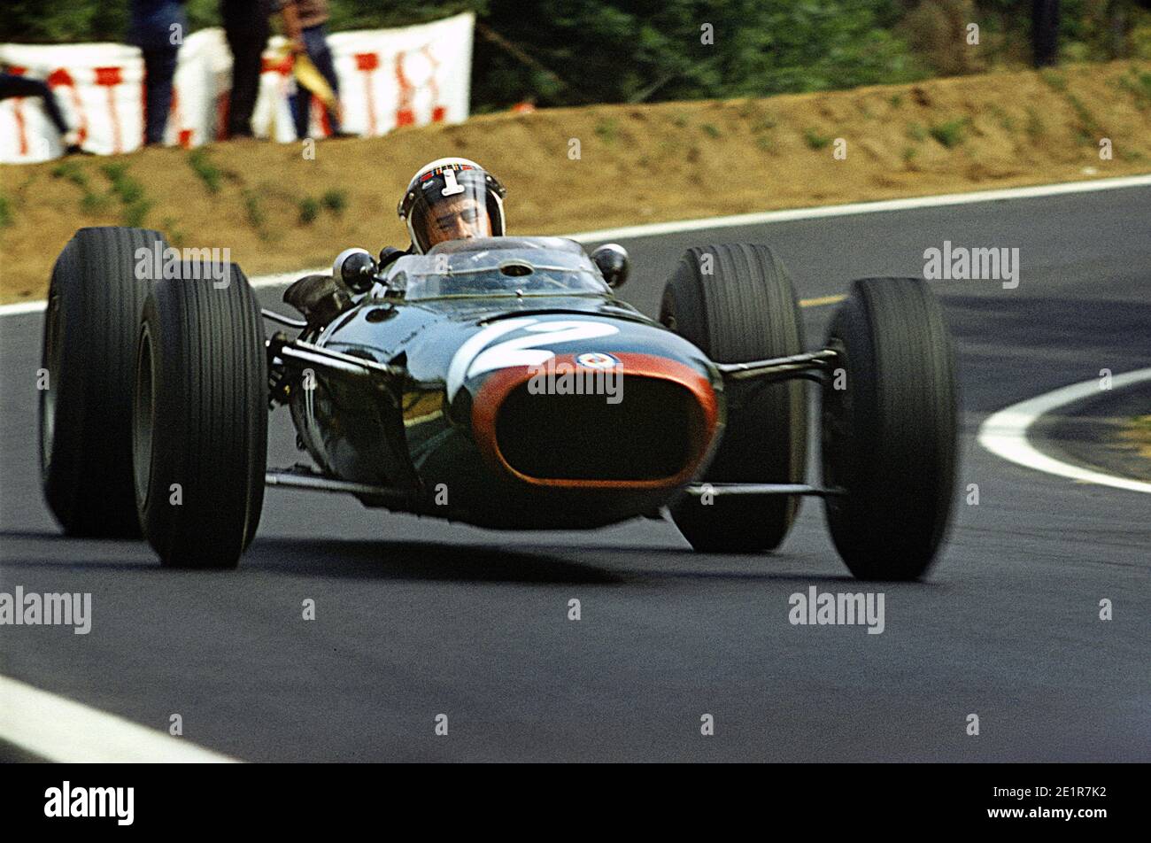 Jackie STEWART driving BRM F1 car in full speed during 1965 Grand Prix de France, in Charade circuit near Clermont-Ferrand. Stock Photo