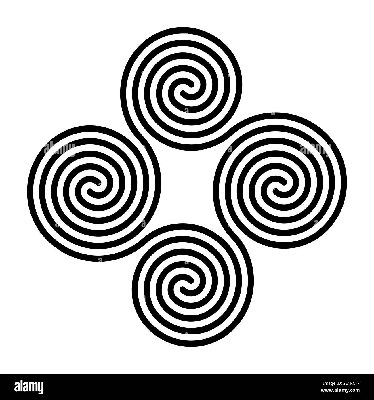 Four connected Celtic double spirals. Quadruple spiral, formed by four interlocked Archimedean spirals. Symbol and motif. Stock Photo