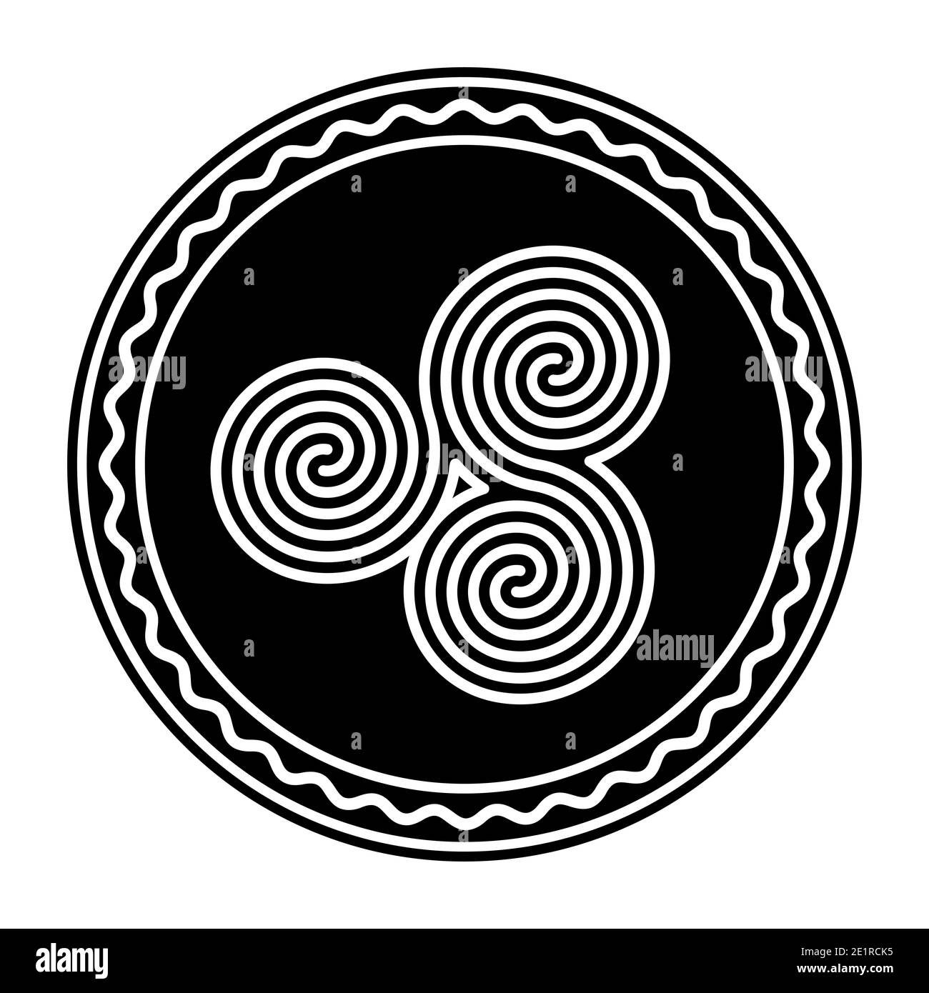 Three connected Celtic double spirals within a circle frame. Triple spiral, formed by three interlocked Archimedean spirals. Symbol and motif. Stock Photo