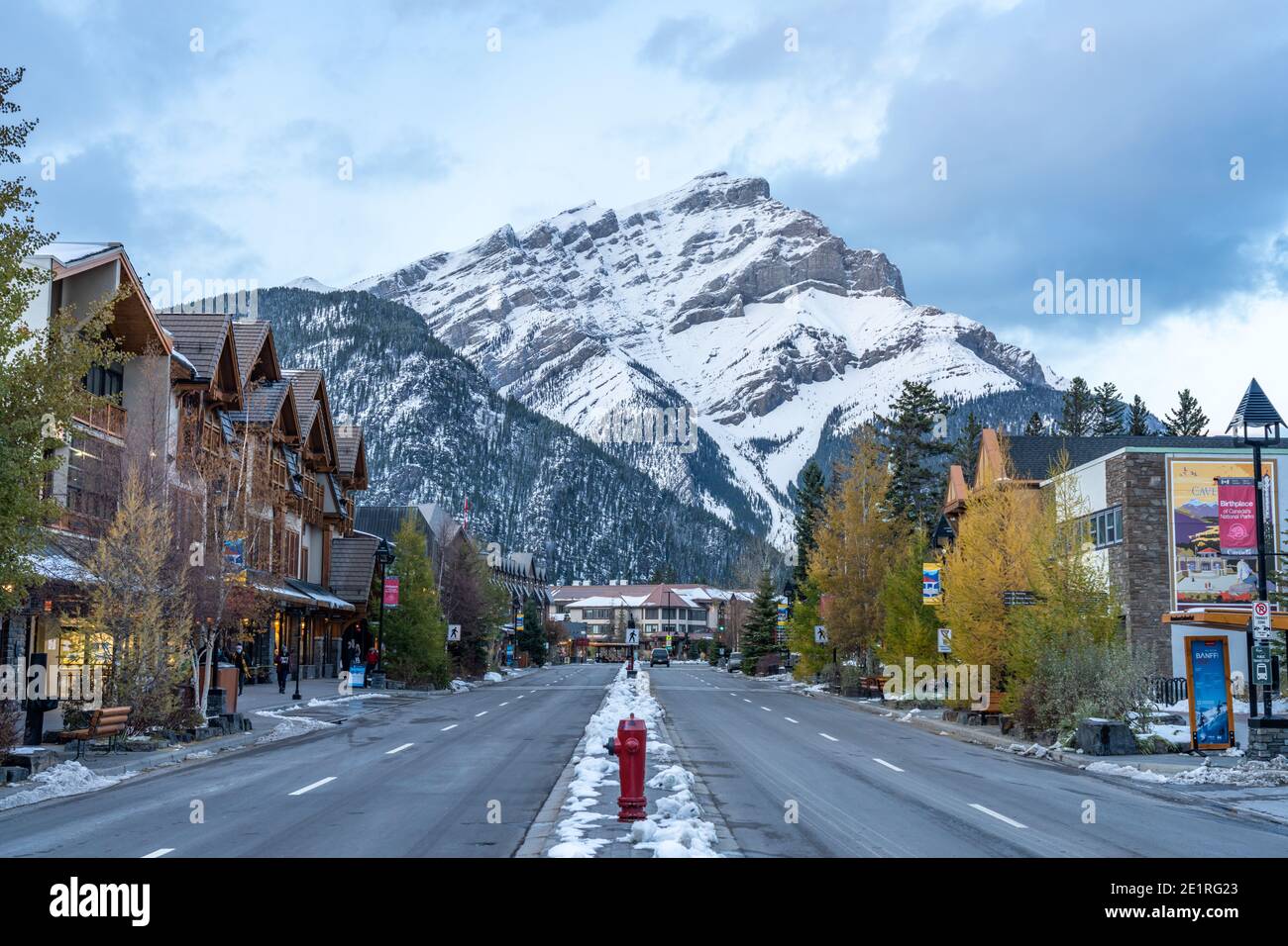 Banff Avenue street view in snowy winter. Banff National Park, Canadian Rockies. Stock Photo