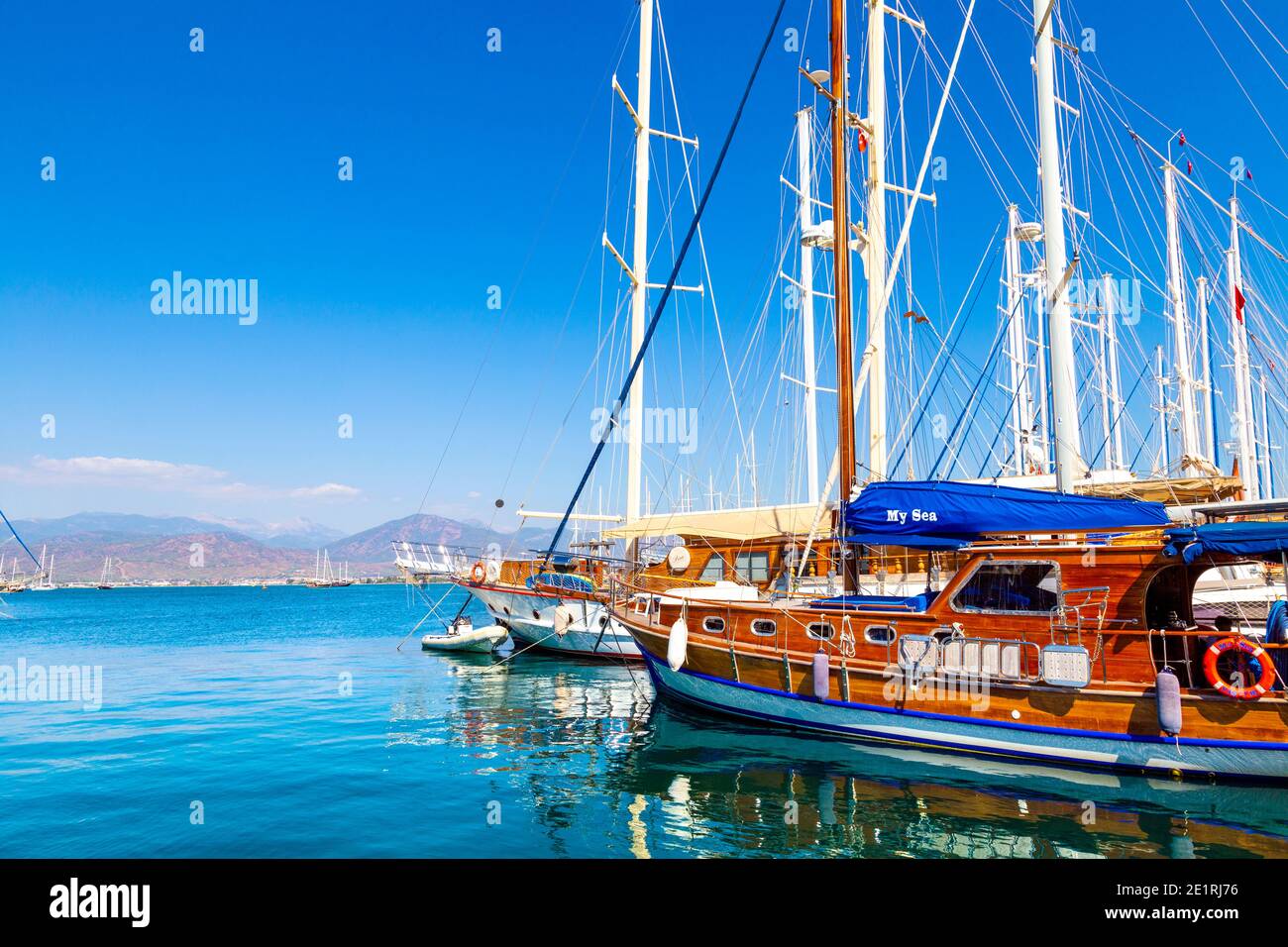 Sailboats moored at Ece Marina in Fethiye, Turkish Riviera, Turkey Stock Photo