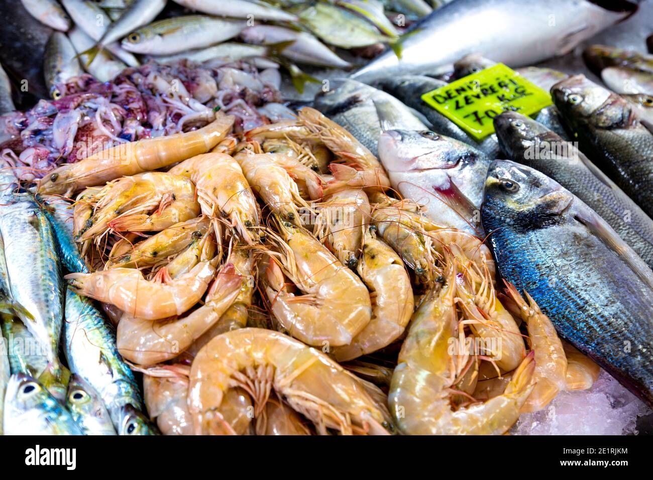 Fresh shrimp at the Fish Market in Fethiye, Turkish Riviera, Turkey Stock Photo