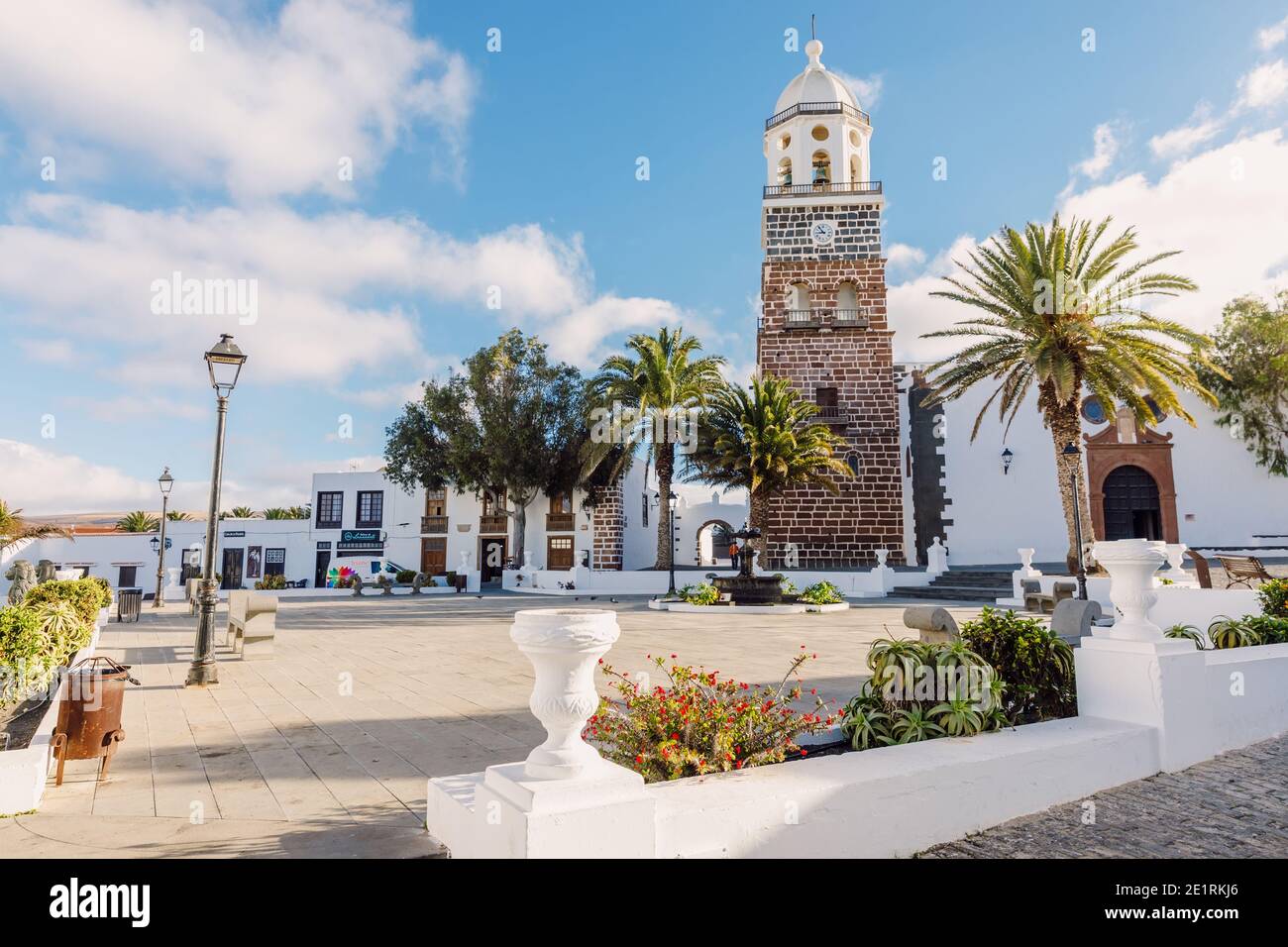 Teguise, Lanzarote, Spain - April 04, 2020. The old architecture of city of Teguise. Church Iglesia de Nuestra Senora de Guadalupe Stock Photo