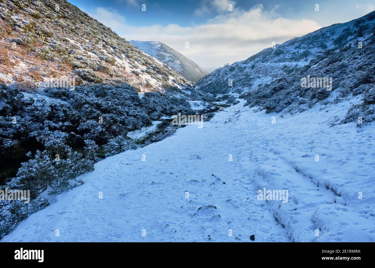 Snow in Carding Mill Valley, Church Stretton, Shropshire Stock Photo