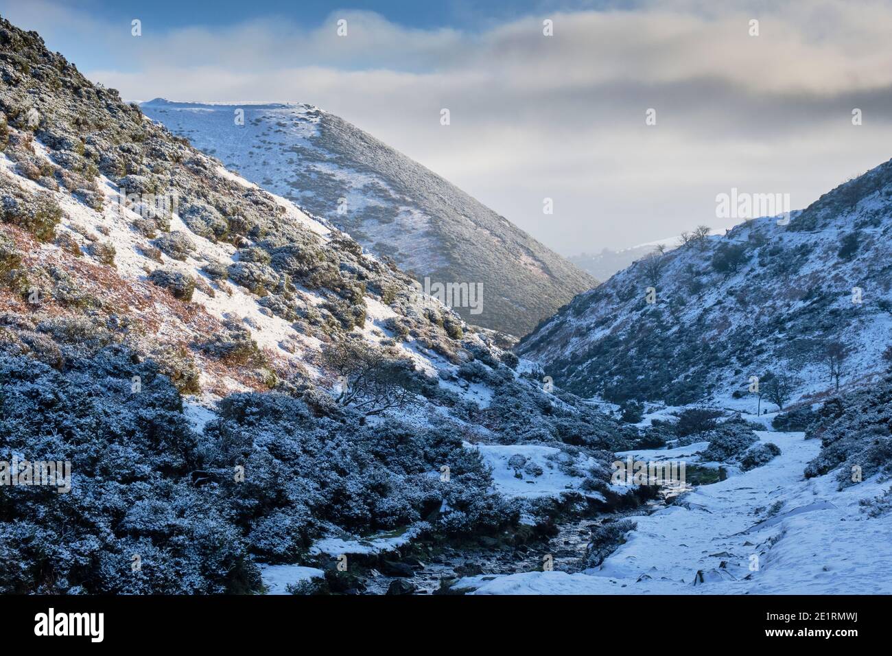 Snow in Carding Mill Valley, Church Stretton, Shropshire Stock Photo