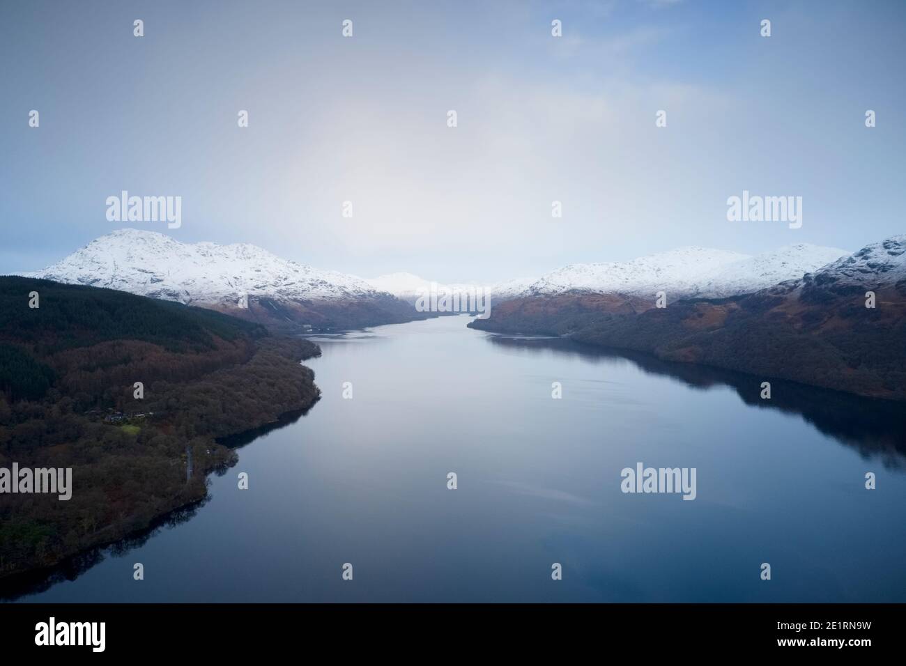 Mindfulness calm aerial view from above Loch Lomond at sunrise in Scotland Stock Photo