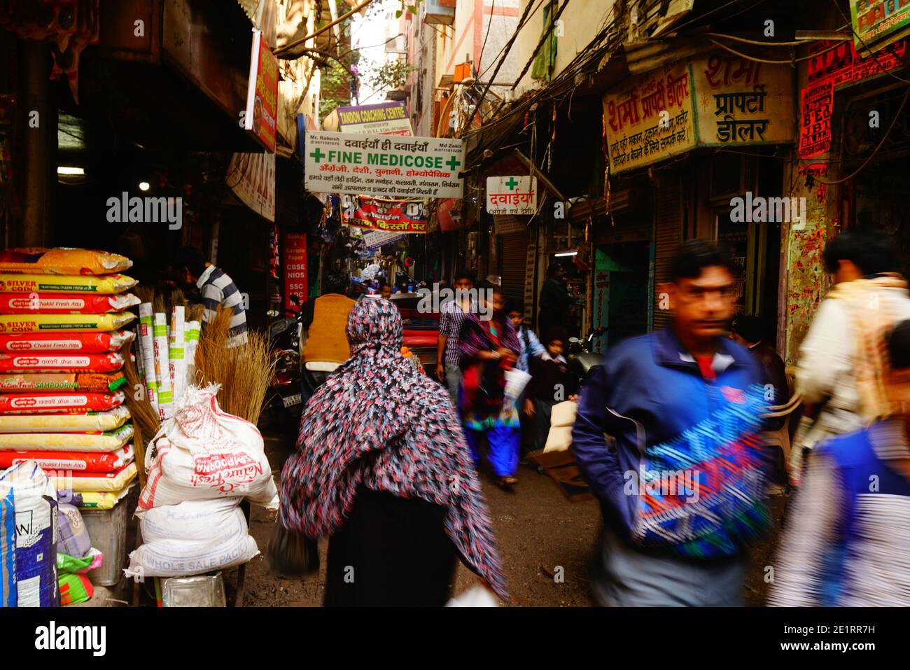 02-07-2019  Delhi , India Small street in district of Main bazar Rd - people and different stalls and goods in them Stock Photo