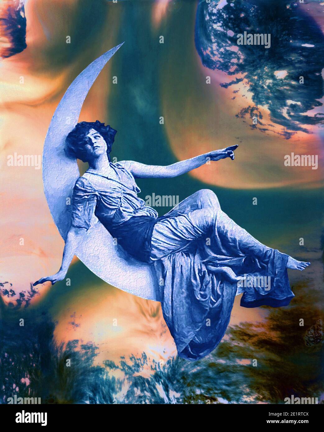 A girl sits on a moon while in the ethereal expanses of outer space.A Science Fiction image with a twist of steam punk.Pulp Fiction cover material.... Stock Photo
