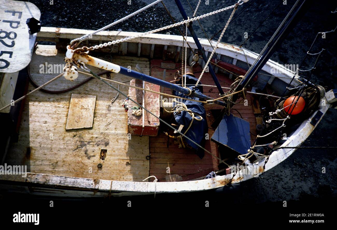 DECK OF A FISHING BOAT SEEN FROM THE TOP - FRENCH FISHING BOAT AT PORT - FRANCE - COLOR SLIDE FILM © F.BEAUMONT Stock Photo