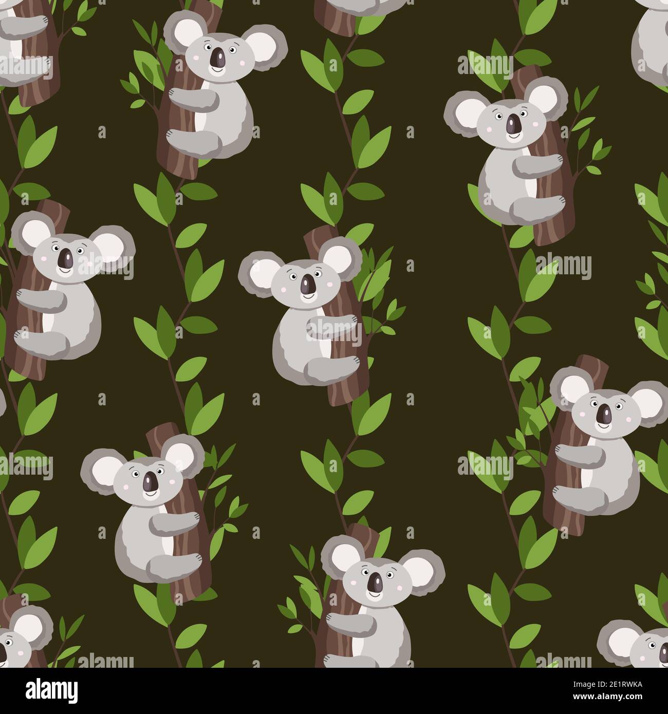 Seamless pattern with cute koala baby and leaves on color background ...