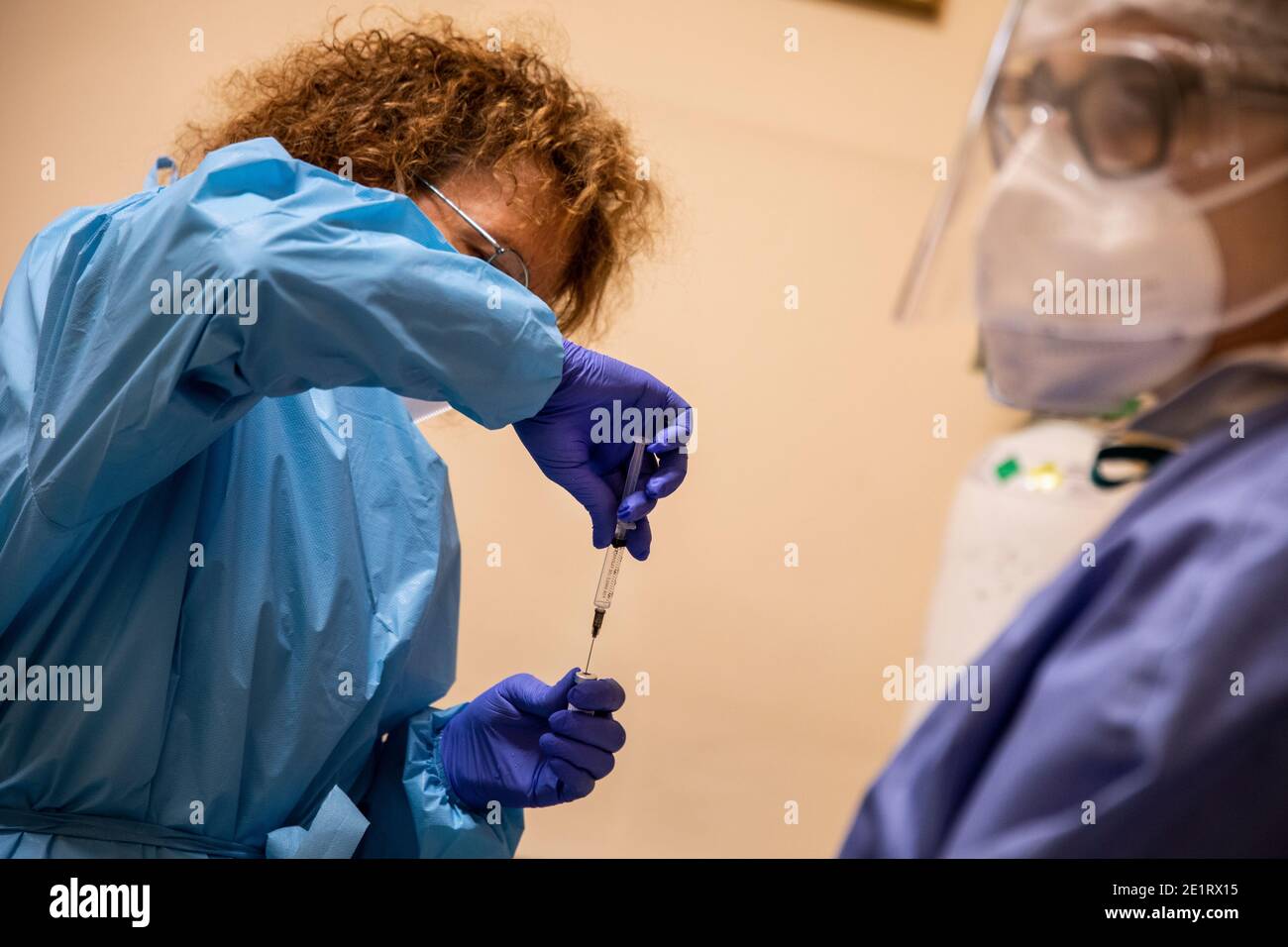 Vaccination Day for health staff and some guests of the nursing home in La Morra, Piedmont. jan 7 2021 Stock Photo