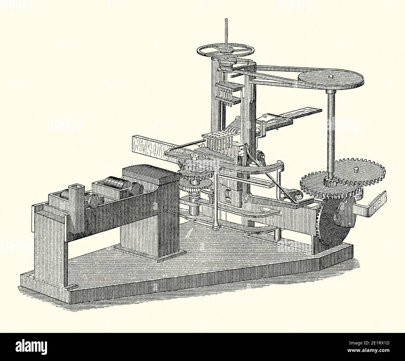 An old engraving of a machine for making wooden matches. It is from a Victorian book of the 1880s. Timber is fed into the machine (centre rear). Cutters reduce this wood to individual matches (centre) ready to be tipped with phosphorus. Early matches used white phosphorus, but being easy to ignite, they caused accidental fires and white phosphorus was highly toxic. Using nontoxic red phosphorus, Swede J E Lundstrom introduced safety matches in 1855. Early match making was done manually. Mechanisation slowly took over in the 1800s – the first automatic match machine was patented in 1888. Stock Photo