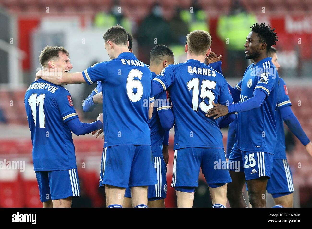 Stoke On Trent Uk 09th Jan 21 Marc Albrighton Of Leicester L City Celebrates With His Teammates After Scoring His Teams 2nd Goal The Emirates Fa Cup 3rd Round Match Stoke City