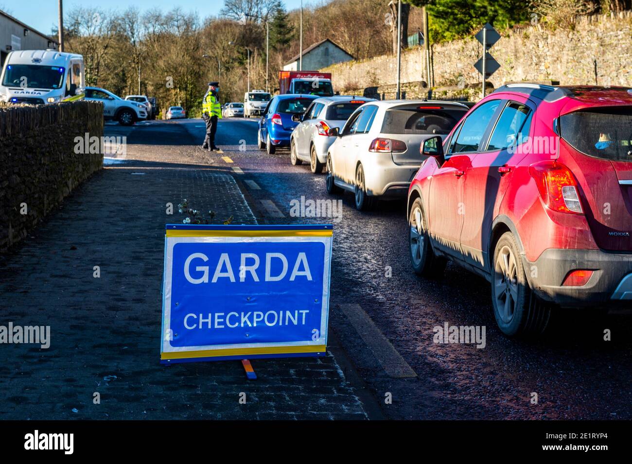 Innishannon, West Cork, Ireland. 9th Jan, 2021. Gardai man a checkpoint in Innishannon today as part of Operation Fanacht. Credit: AG News/Alamy Live News Stock Photo
