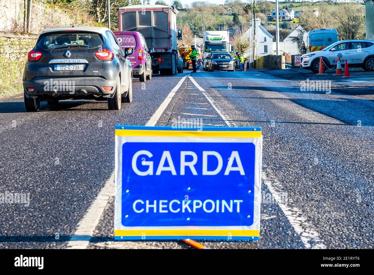 Innishannon, West Cork, Ireland. 9th Jan, 2021. Gardai man a checkpoint in Innishannon today as part of Operation Fanacht. Credit: AG News/Alamy Live News Stock Photo