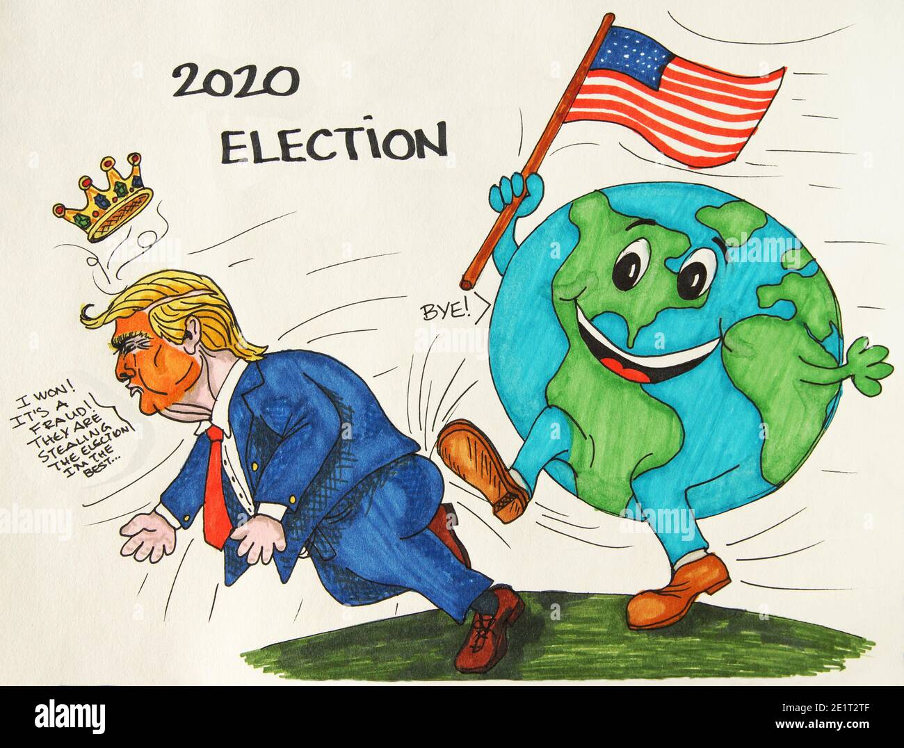 Donald Trump ink cartoon, getting kicked by the world after the 2020 election results Stock Photo